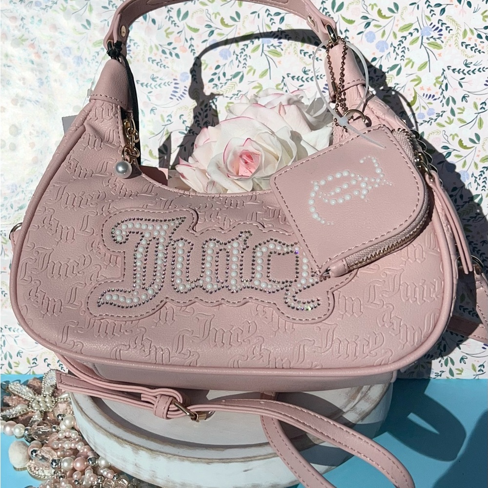 Juicy Couture String of Pearls Pink Diamond Hobo Crossbody w Faux Pearl Accents